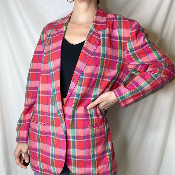 Vintage 90s rainbow plaid single breasted blazer oversized longline colorful M - Picture 11 of 17